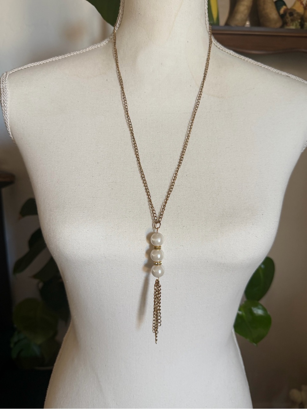 Vintage Gold Pearl & Crystal Rhinestone Tassel Necklace
